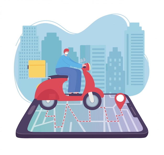 servicio de entrega en línea, hombre montando un scooter en el mapa del teléfono inteligente hacia el puntero, transporte rápido y gratuito, envío de pedidos, ilustración del sitio web de la aplicación