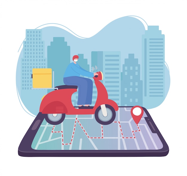 Servicio de entrega en línea, hombre montando un scooter en el mapa del teléfono inteligente hacia el puntero, transporte rápido y gratuito, envío de pedidos, ilustración del sitio web de la aplicación