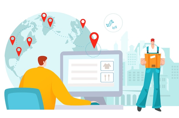 Servicio de entrega en línea planeta con ilustración de vector de ubicación personaje de hombre plano uso servicio de envío de globo hacer pedido en la pantalla de la computadora