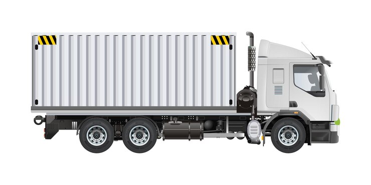 Vector servicio de entrega logística de cajas de contenedores de remolque de carga de camiones medianos ilustración vectorial 3d