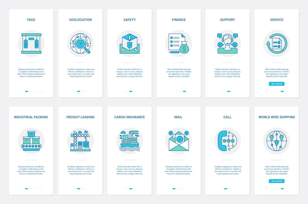 Servicio de entrega logística de envío UX UI de incorporación de la página de pantalla de la aplicación móvil