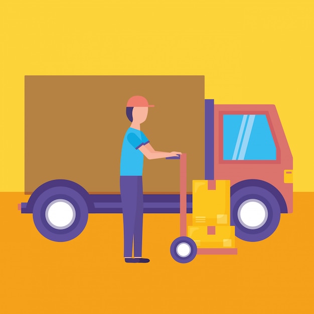 servicio de entrega logística con ilustración de camión y mensajería