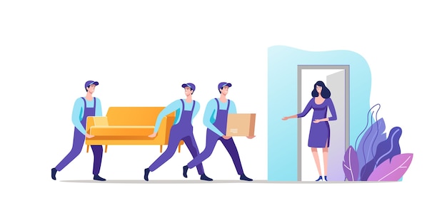 Servicio de entrega y mudanza Hombres en uniforme con sofá y caja de cartón Ilustración vectorial