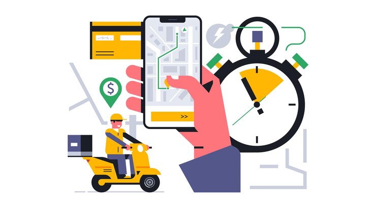 Vector servicio de entrega de paquetes en línea a su hogar seguimiento de la ubicación del paquete a través de la aplicación móvil mapa de la aplicación de la mano del teléfono dirección de la calle tarjeta bancaria scooter courier ilustración vectorial