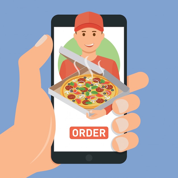 Servicio de entrega de pizza. E-compre pizza usando un teléfono inteligente