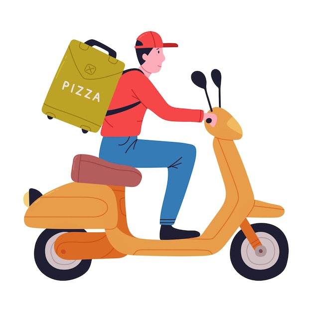 Servicio de entrega de pizza Hombre con gorra roja montando scooter con ilustración vectorial de bolsa