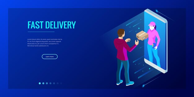 Servicio de entrega rápida isométrica, entrega en línea, compras en línea, concepto de banner web de instrumentos financieros. Ilustración vectorial moderna sitio web enemigo o préstamos.