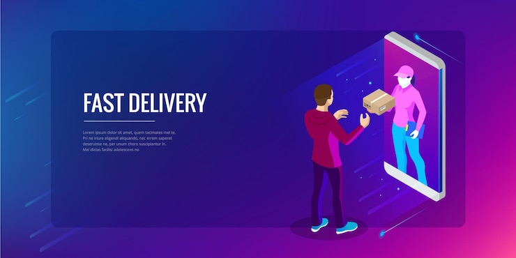 Vector servicio de entrega rápida isométrica, entrega en línea, compras en línea, concepto de banner web de instrumentos financieros. ilustración vectorial moderna sitio web enemigo o préstamos.