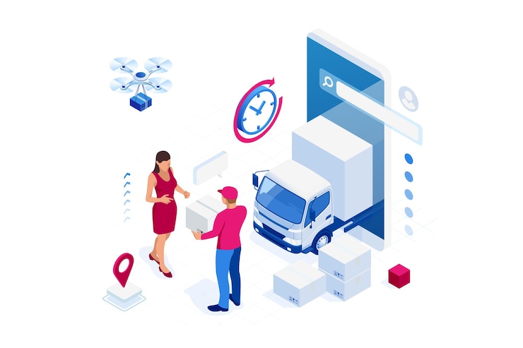 Vector servicio de entrega rápida isométrica entrega en línea compras en línea instrumento financiero concepto de banner web ilustración vectorial moderna sitio web enemigo o préstamos