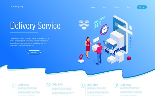 Servicio de entrega rápida isométrica Entrega en línea Compras en línea Instrumento financiero concepto de banner web Ilustración vectorial moderna sitio web enemigo o préstamos