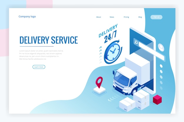 Servicio de entrega rápida isométrica Entrega en línea Compras en línea Instrumento financiero concepto de banner web Ilustración vectorial moderna sitio web enemigo o préstamos