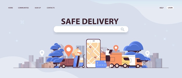 Servicio de entrega segura personas que utilizan transporte en línea y aplicación de compras digitales logísticas en la pantalla del teléfono inteligente
