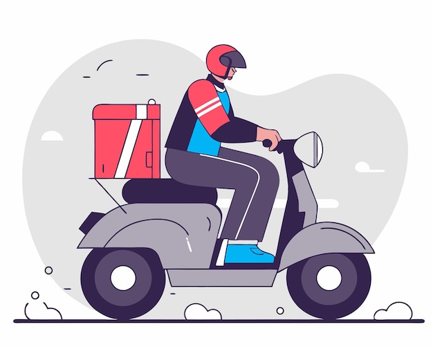 Servicio de entrega de transporte conjunto de mensajero montando una ilustración de motocicleta