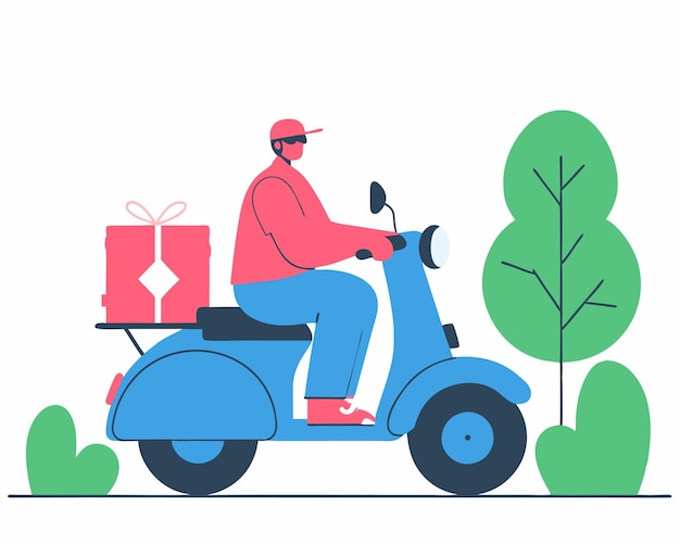 Servicio de entrega de transporte conjunto de mensajero montando una ilustración de motocicleta
