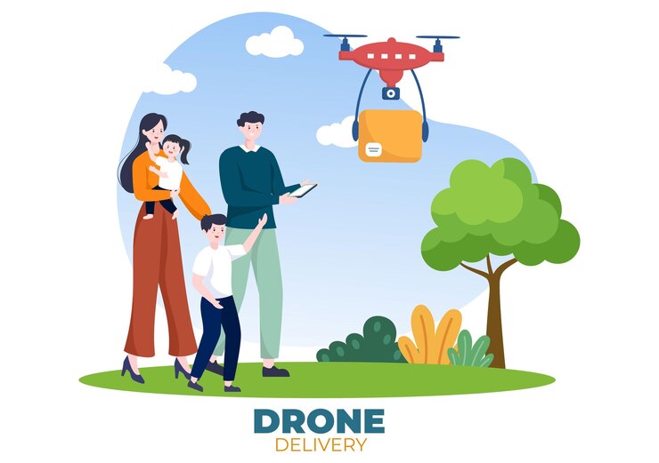Vector el servicio de entrega utiliza la ilustración vectorial de fondo de drones para el paquete de envío