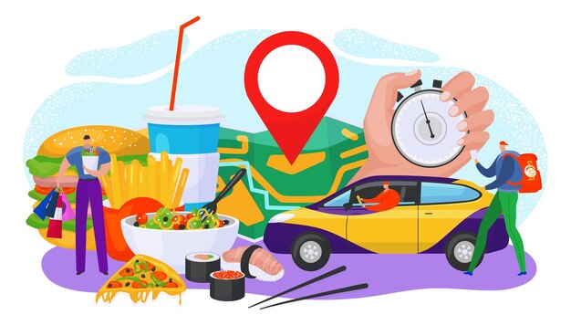 Servicio de entrega web en línea concepto de aplicación ilustración vectorial plato de comida pedido por internet en el restaurante