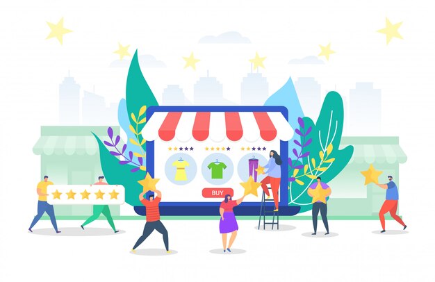 Servicio de estrellas de calificación de la tienda en línea, ilustración. Venta de clasificación de ropa en la pantalla de la computadora, comentarios de los clientes. Hombre mujer