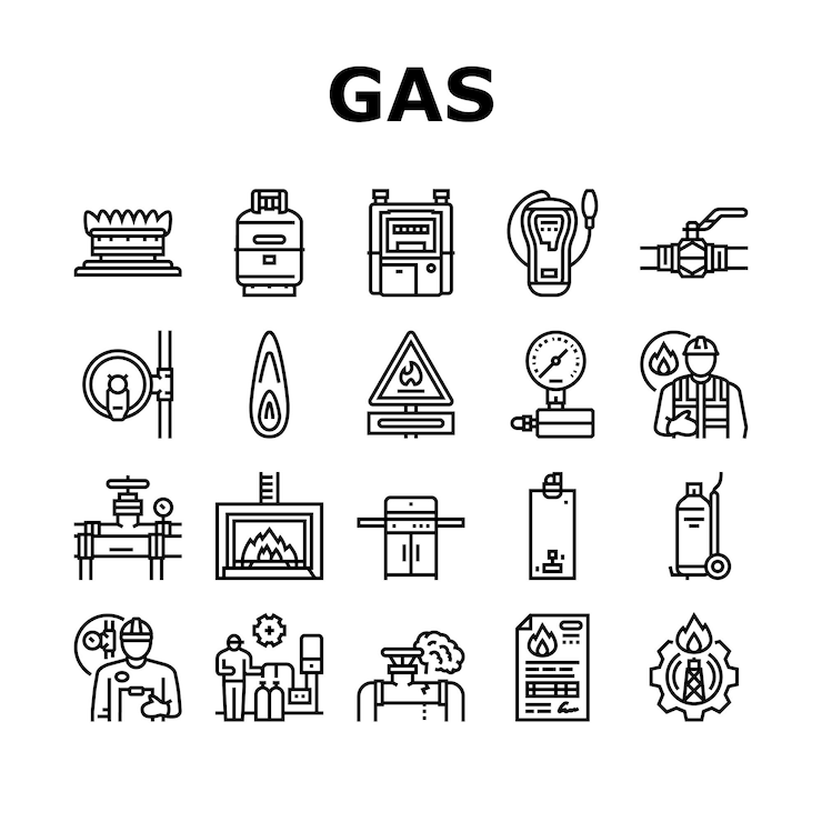 Vector servicio de gas energía potencia iconos de combustible conjunto industria de control vectorial negocio de gasolina técnico de gasolina estación de bombeo ingeniero doméstico servicio de gas energía combustible combustible ilustraciones de contorno negro