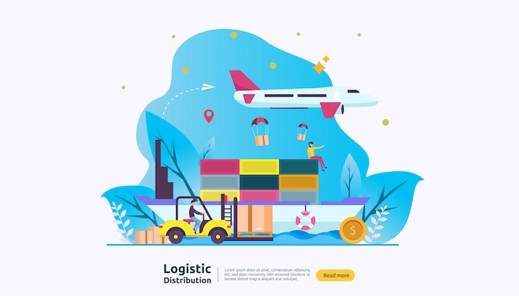 Vector servicio global de distribución logística y envío a todo el mundo banner de envío con carácter de personas