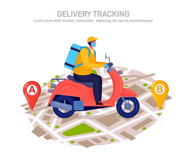 Servicio gratuito de entrega rápida en scooter. El mensajero entrega el pedido de comida. El hombre en una mascarilla de respiración con un paquete viaja en un mapa. Prevención del coronovirus, Covid-19