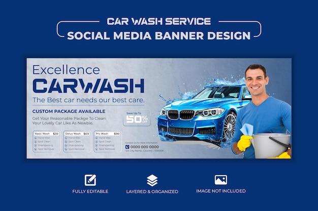 Servicio gratuito de limpieza vectorial de lavado de coches diseño de plantilla de portada de redes sociales o banner web con Mockup.