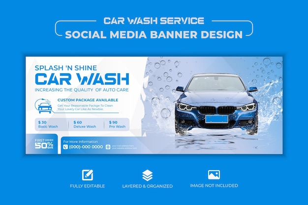 Vector servicio gratuito de limpieza vectorial de lavado de coches plantilla de diseño de portada de redes sociales o banner web con mockup