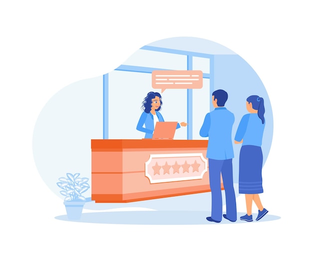 Servicio de hotel amigable El recepcionista sirve a los turistas de una manera amigable Concepto de recepcionista de hotel Ilustración vectorial plana