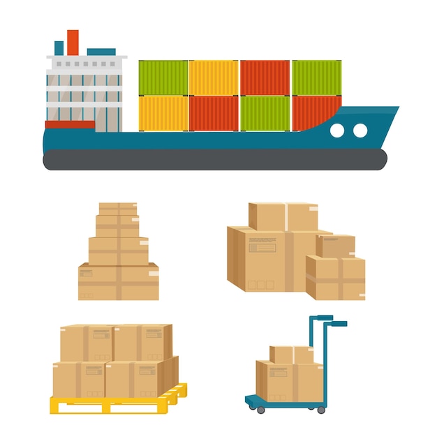 Servicio de icono de logística y entrega de carga de envío con paquetes aislados sobre fondo blanco Diseño creativo de servicio postal Ilustración plana vectorial