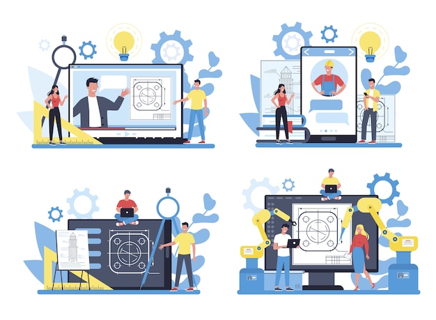 Servicio de ingeniería en línea o plataforma en un conjunto de conceptos de dispositivo diferente. Tecnología y ciencia. Ocupación profesional y construcción de máquinas y estructuras.