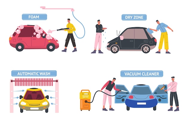 Vector servicio de lavado de automóviles automático gente que limpia las ventanas de los automóviles y el interior del salón suministro automático de agua equipo de espuma de jabón limpieza seca y al vacío cuidado del transporte conjunto de lavado vectorial de automóviles