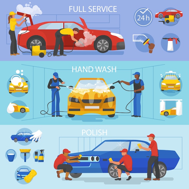 Servicio de lavado de autos de vector de lavado de autos con personas que limpian el conjunto de ilustración de automóviles o vehículos de lavado de autos y lavadoras o limpiadores de personajes pulido de automóviles aislado en blanco