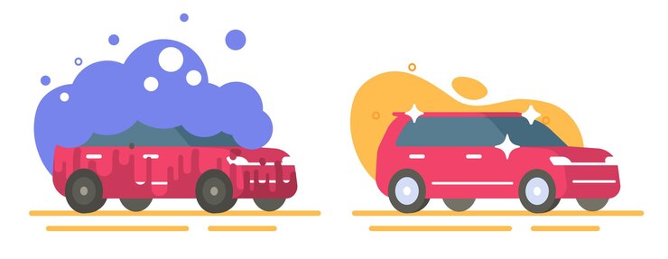 Vector servicio de lavado de coches icono de ilustración gráfica auto de suciedad sucia con espuma y vehículo limpio