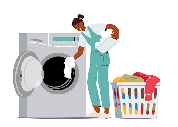 Servicio de Lavado y Limpieza de Lavandería Industrial o Doméstica. Personaje femenino trabajador en lavandería pública de limpieza en seco cargando ropa sucia a la máquina de lavandería. Ilustración vectorial de dibujos animados