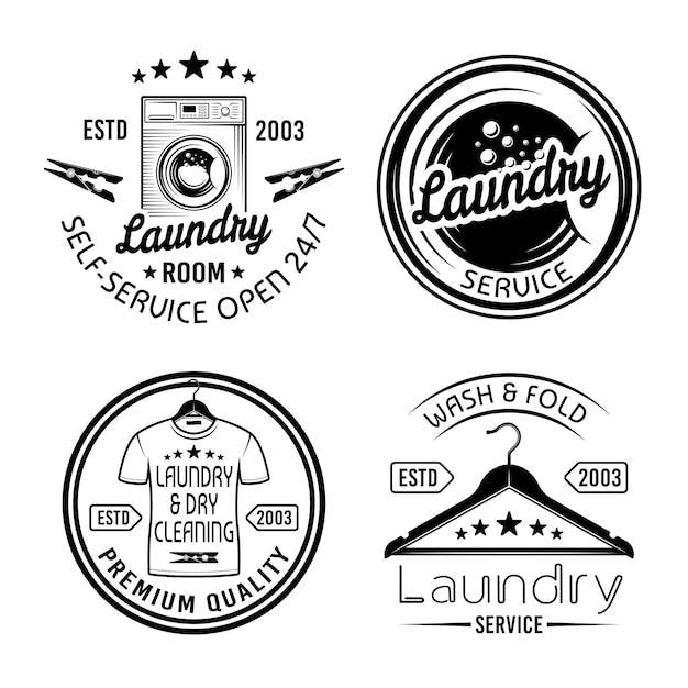 Vector servicio de lavandería y servicio de limpieza en seco conjunto de cuatro emblemas monocromáticos vectoriales etiquetas insignias aisladas sobre fondo blanco