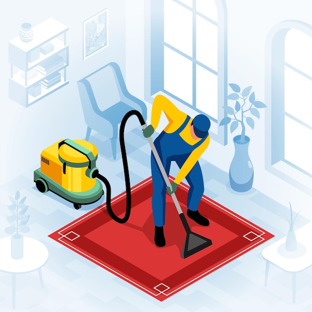 Servicio de limpieza en la composición isométrica del interior del hogar con carácter masculino en alfombra aspiradora uniforme ilustración vectorial 3d