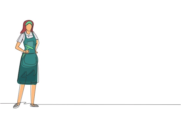 Servicio de limpieza de dibujo de una sola línea con postura fresca Trabajador de limpieza posando y disfrutando de trabajar.