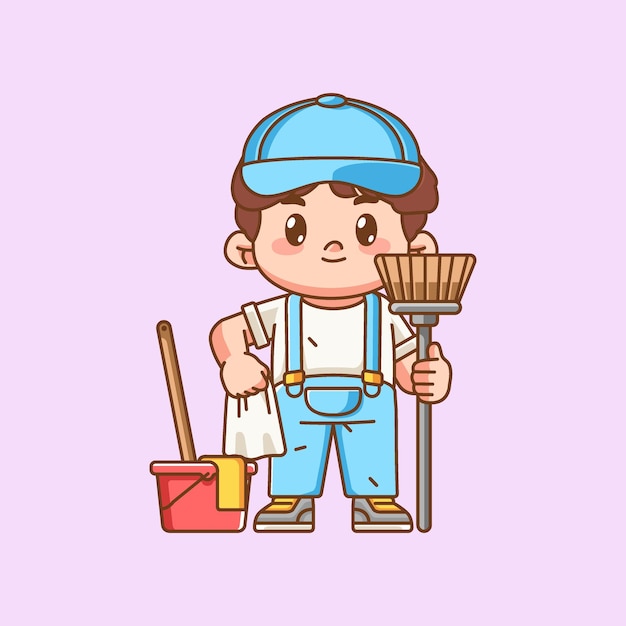 Servicio de limpieza lindo sostener escoba y limpiar kawaii chibi personaje mascota ilustración estilo de contorno