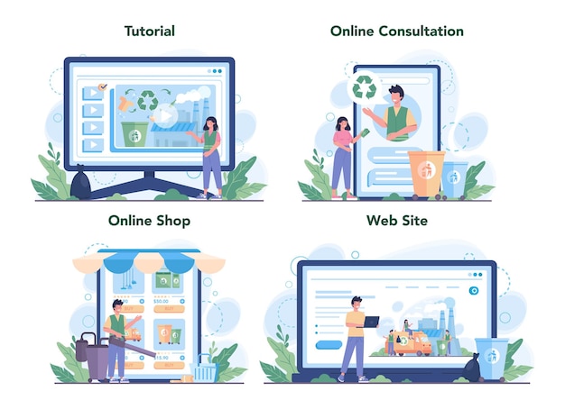 Servicio de limpieza o conjunto de plataforma o servicio en línea de la empresa. Trabajadores de conserjería limpiando calles y clasificando basura. Tutorial online, consulta, tienda, sitio web.