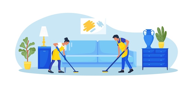 Servicio de limpieza o empresa Gente que hace el trabajo doméstico Porteros en uniforme lavando el suelo en el hogar Servicio de higiene profesional para hogares domésticos Limpiadores arreglando la habitación del apartamento haciendo limpieza