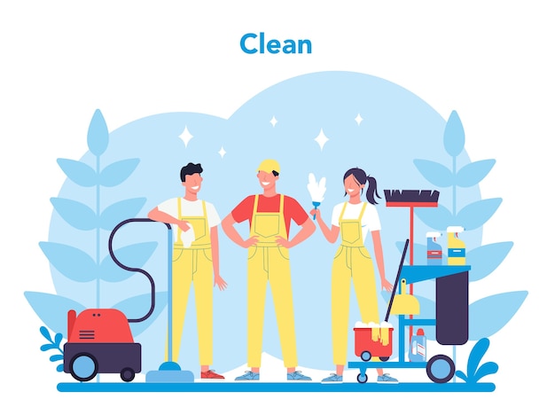 Vector servicio de limpieza o empresa. mujer y hombre haciendo tareas domésticas.