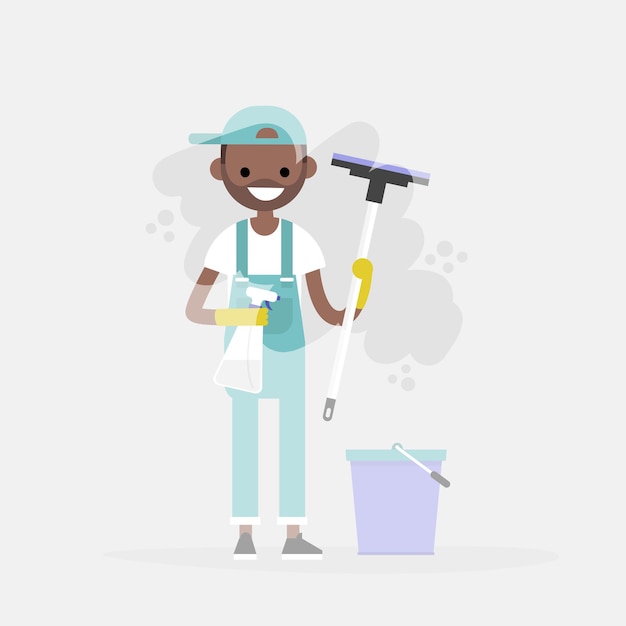 Servicio de limpieza. Personaje joven lavando una ventana. Tareas del hogar. Limpiar. Ilustración vectorial plana editable, imágenes prediseñadas