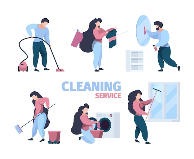 Servicio de limpieza. trabajadores que realizan limpieza profesional con equipo aspiradora, limpiador, personajes de vectores chillones. ilustración de equipo de lavado y limpieza profesional.