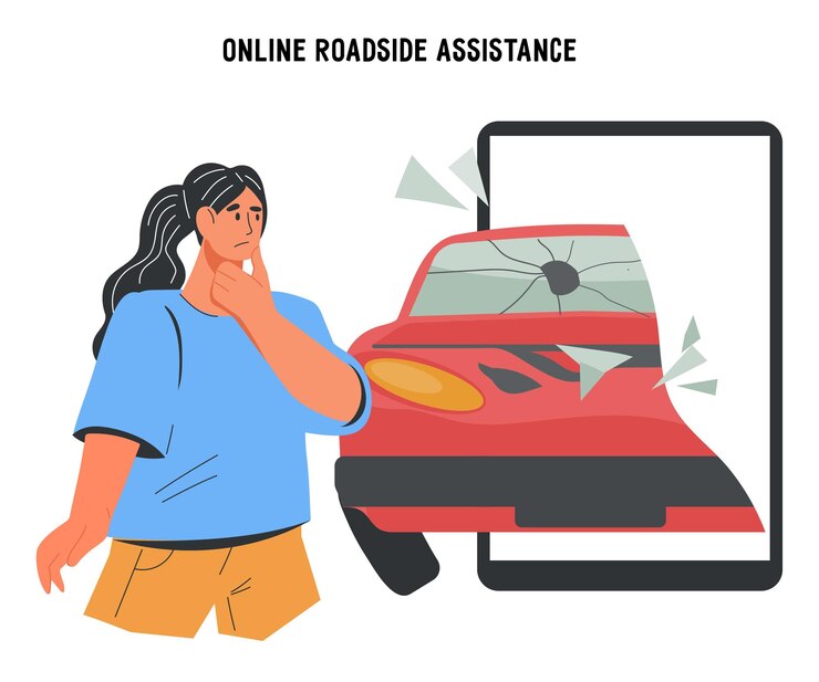 Vector servicio en línea de asistencia en carretera para banner de reparación de vehículos de emergencia o vector plano emblema