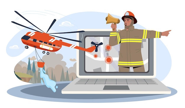 Servicio en línea de bomberos Hombre en uniforme de protección con altavoz en la pantalla de la computadora Helicóptero apaga un incendio en el bosque Desastre y emergencia Ilustración vectorial plana