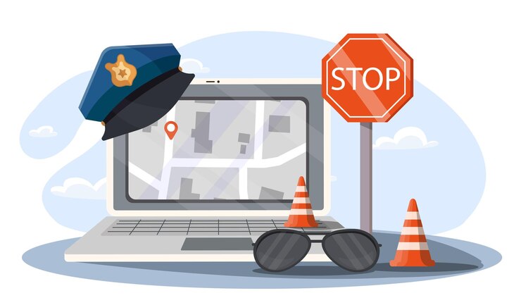 Vector servicio en línea de la policía gafas de sol gorra de policía cerca de la computadora portátil protección y seguridad en internet cartel o pancarta de la policía cibernética ilustración vectorial plana