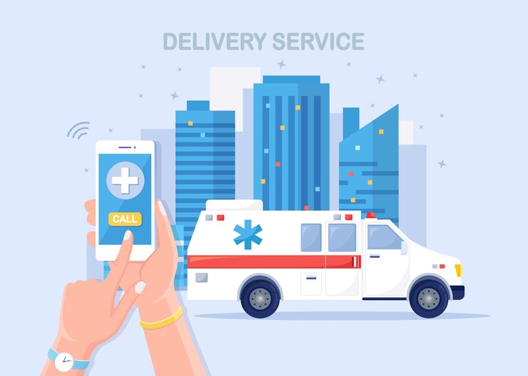Vector servicio de llamada de emergencia. coche ambulancia y llamar al médico por teléfono.