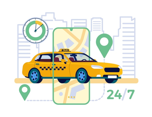 Servicio de llamada de taxi en línea en la aplicación móvil Vehículo amarillo y ubicación en el mapa Aplicación de pedido de taxi Transporte urbano de automóviles Ruta de conducción de automóviles y seguimiento de tiempo Concepto vectorial