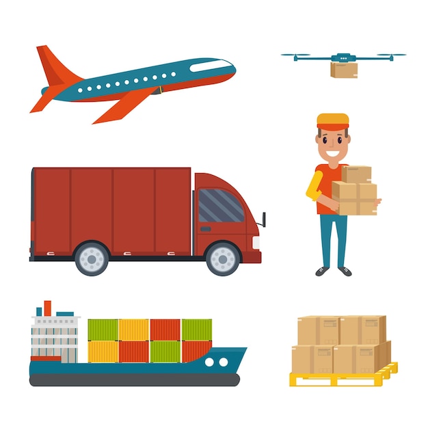 Servicio de logística y entrega conjunto camión con paquetes helicóptero scooter avión carga envío furgoneta Servicio postal iconos creativos diseño Vector ilustración plana