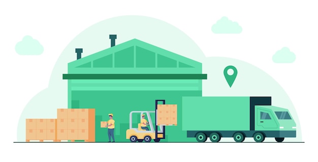 Servicio logístico de almacén y carga Entrega o almacenamiento de contenedores Elevador de horquilla con cajas en paletas Pino de distribución de camiones Industria del transporte Descarga de camiones Ilustración vectorial