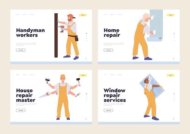 Servicio de manualidad profesional reparación del hogar instalación o reemplazo de ventanas publicitarias diseño de plantillas de páginas de aterrizaje conjunto de ilustraciones vectoriales del sitio web que proporcionan renovación de la casa